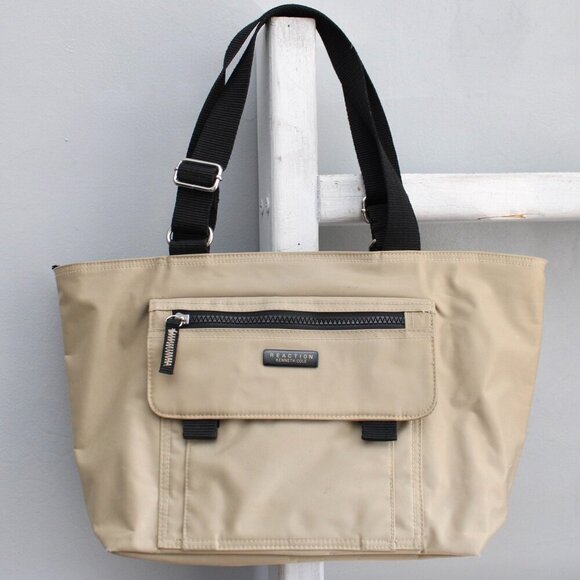 Kenneth Cole Y2K Tan Beige Black Nylon Zip-Up Utility Multi-Pocket Handbag Tote - Picture 1 of 7